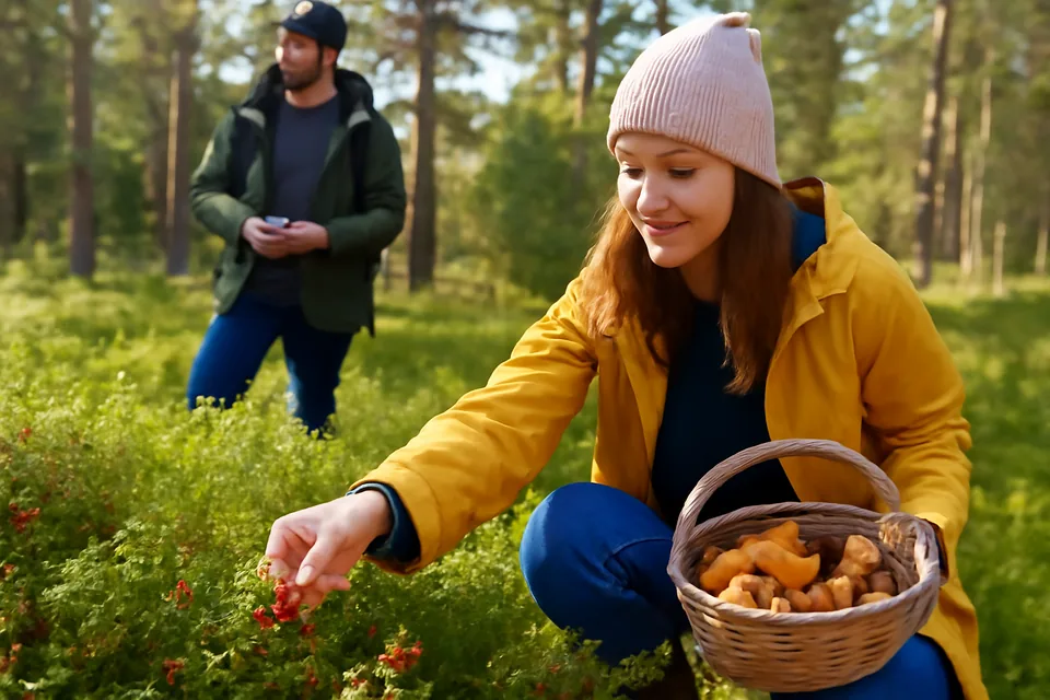 Norwegian story scene about bær og sopp i skogen