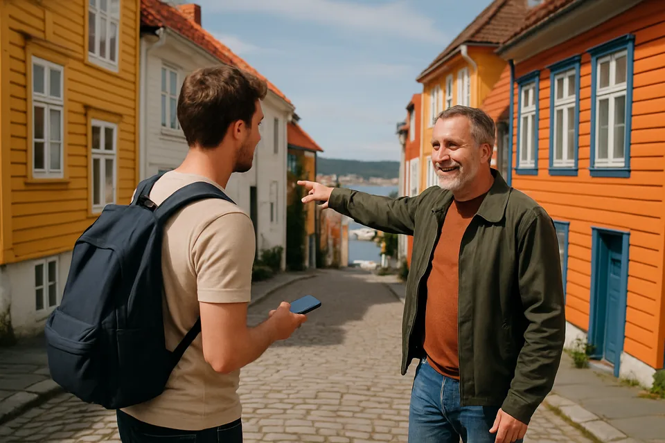 Norwegian conversation scenario: Asking for directions